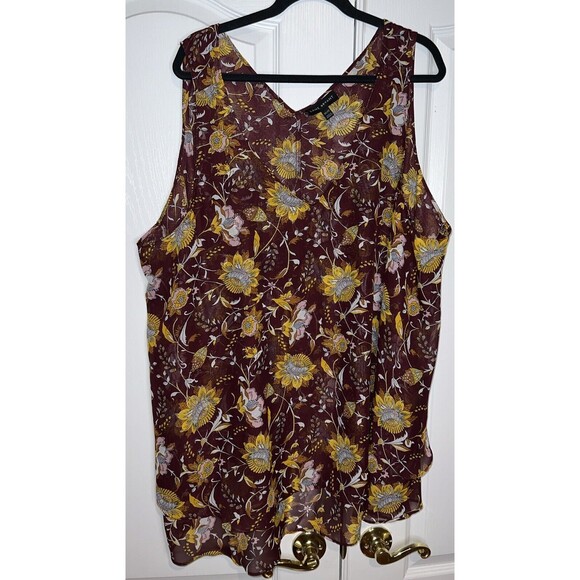 Lane Bryant Brown Yellow Tank Top Semi Sheer Layered Floral Womens Size 30-32 - Picture 1 of 14